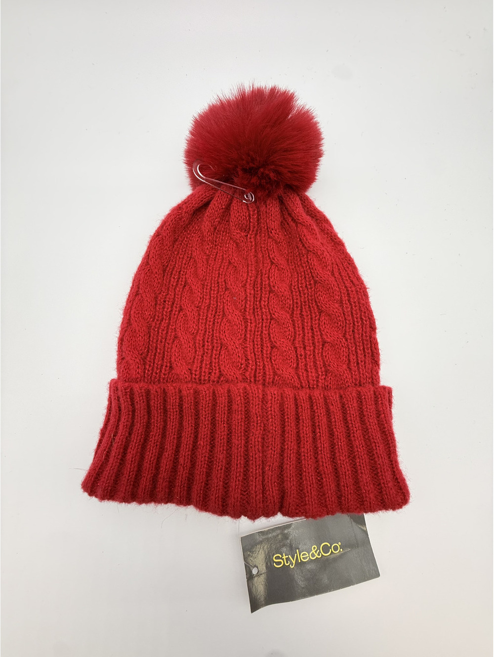 Style & Co. Red Cable Knit Pom Pom Beanie Hat
